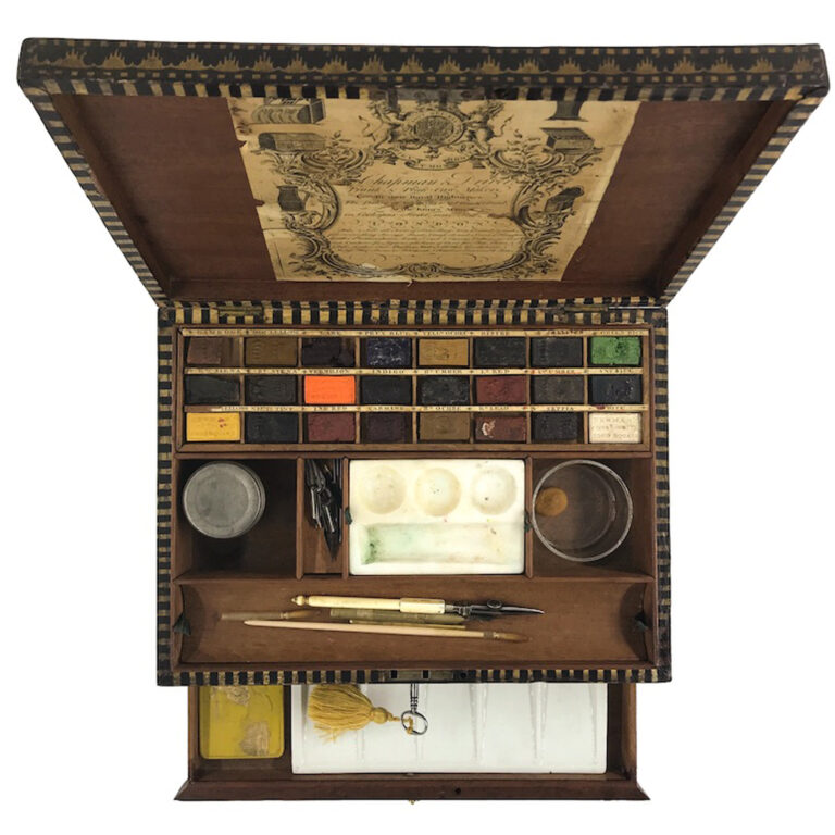 Rare Antique watercolour Box c1840. Green and Stone